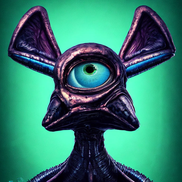 Surreal alien creature with large eye, bat-like ears on green background