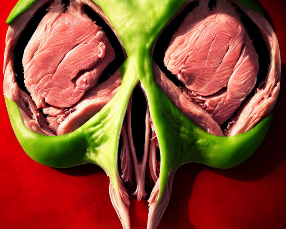 Green Bell Pepper Cross-Section on Red Background with Raw Meat Resembling Brains