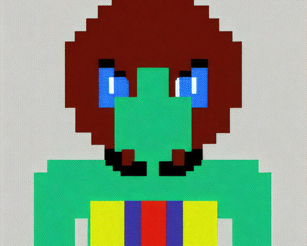 Stylized pixelated character with brown hair and blue eyes in green shirt and multicolored tie