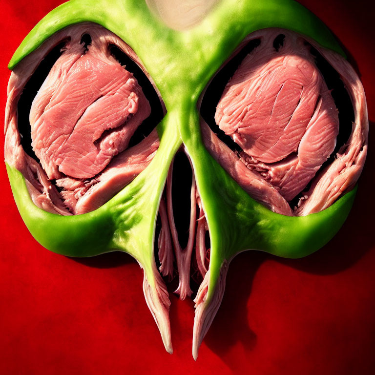 Green Bell Pepper Cross-Section on Red Background with Raw Meat Resembling Brains