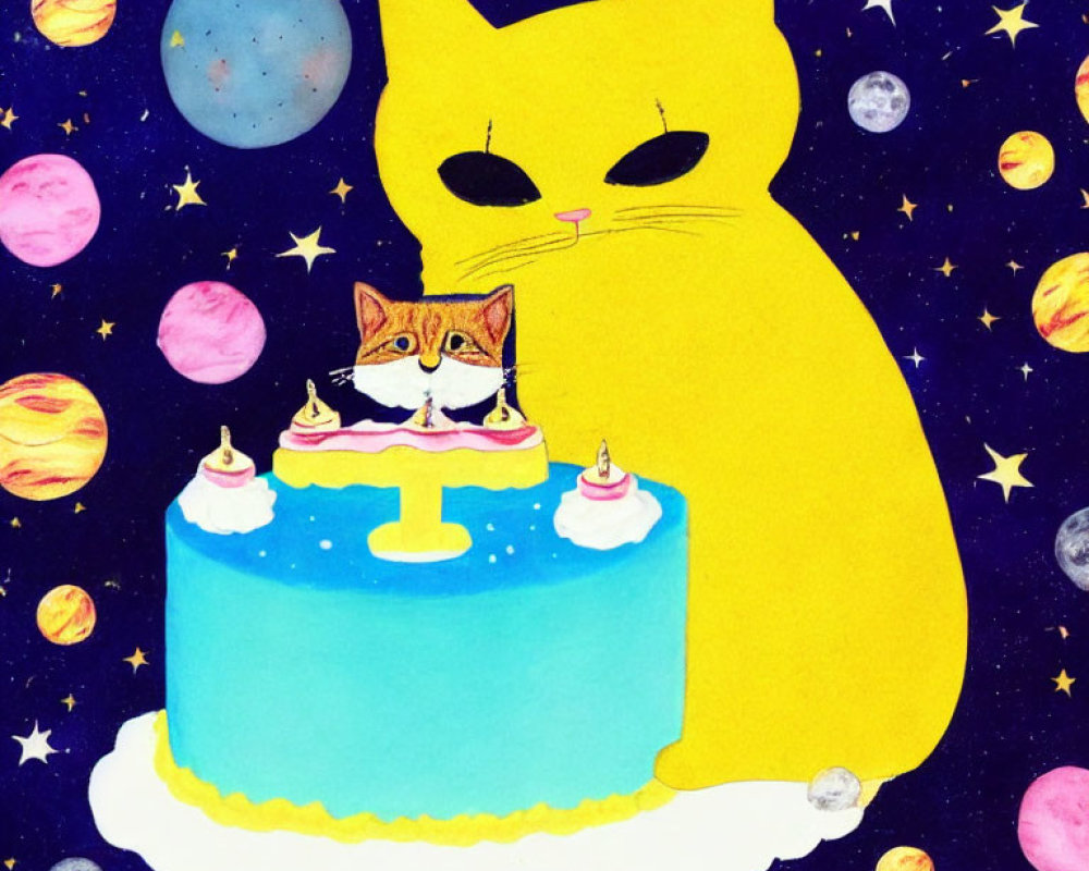 Whimsical illustration of large yellow cat with birthday cake and starry sky