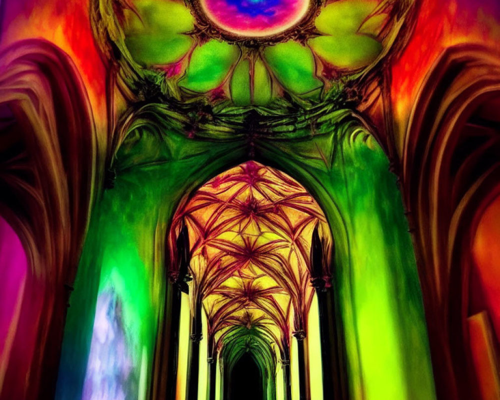 Colorful Gothic Vaulted Ceiling with Green, Pink, and Blue Design