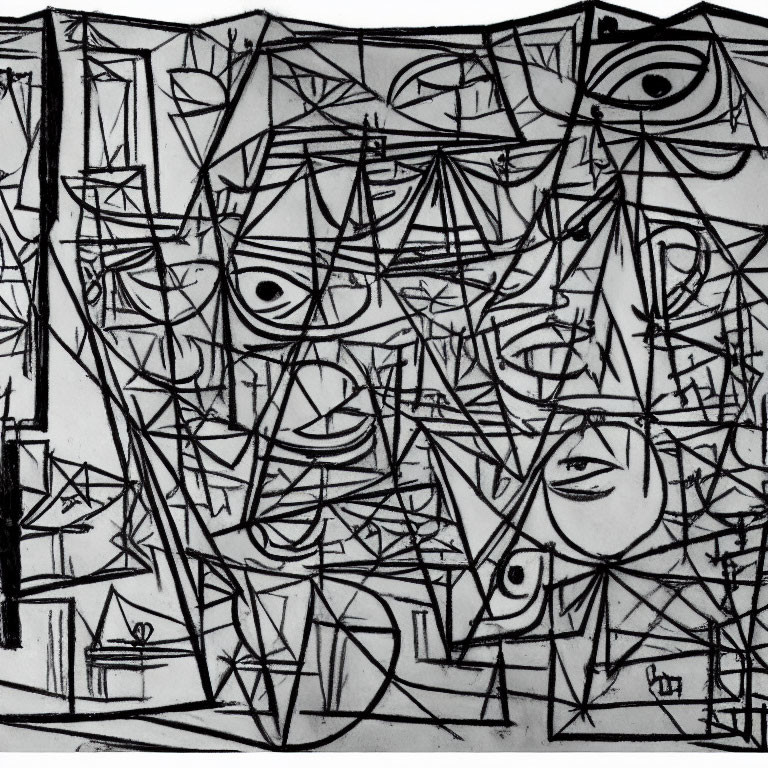 Monochromatic abstract line drawing with geometric shapes and fragmented facial features.