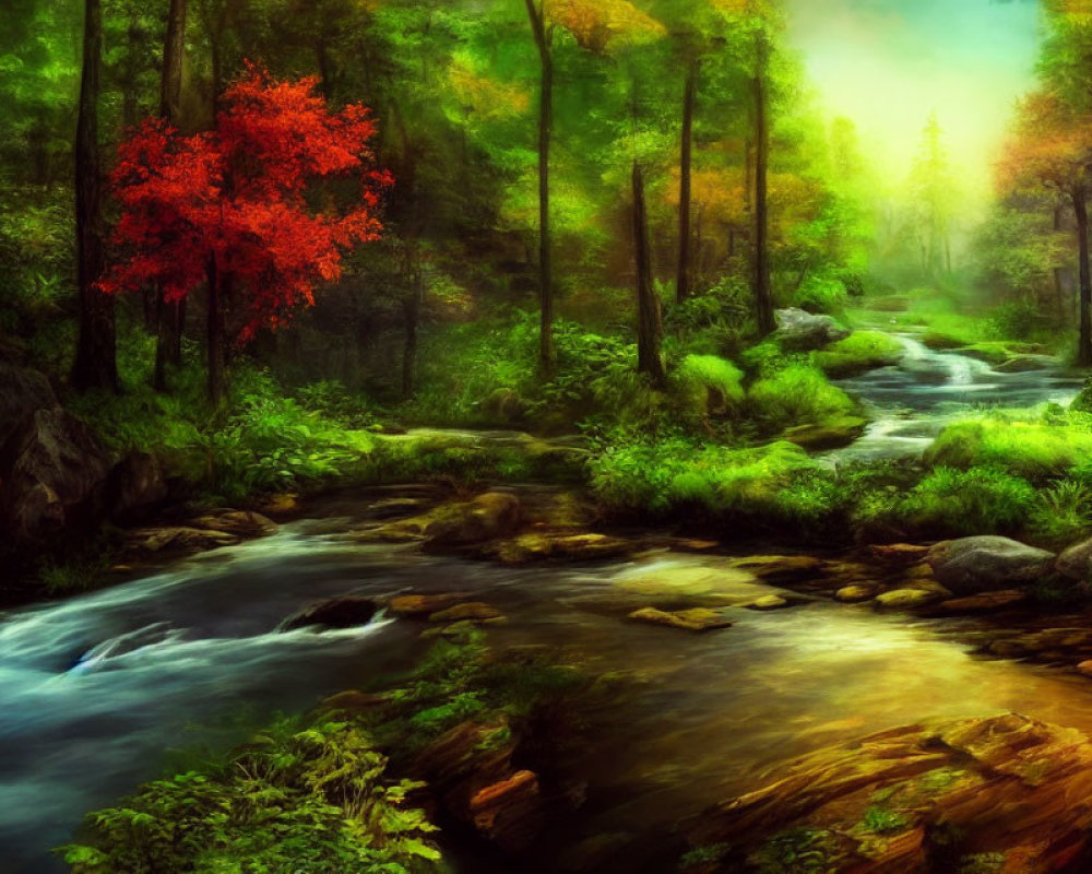 Lush Forest Scene with Stream and Red Tree