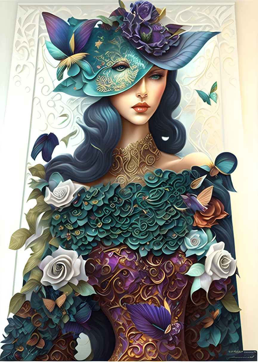 Fantasy portrait of woman with blue hair and masquerade mask