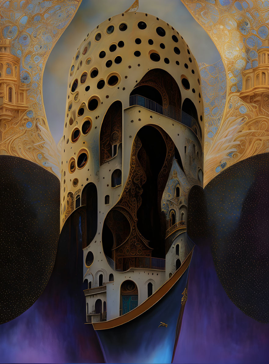 Abstract surreal artwork of towering structure with circular openings and ornate patterns, floating in cosmic setting with small