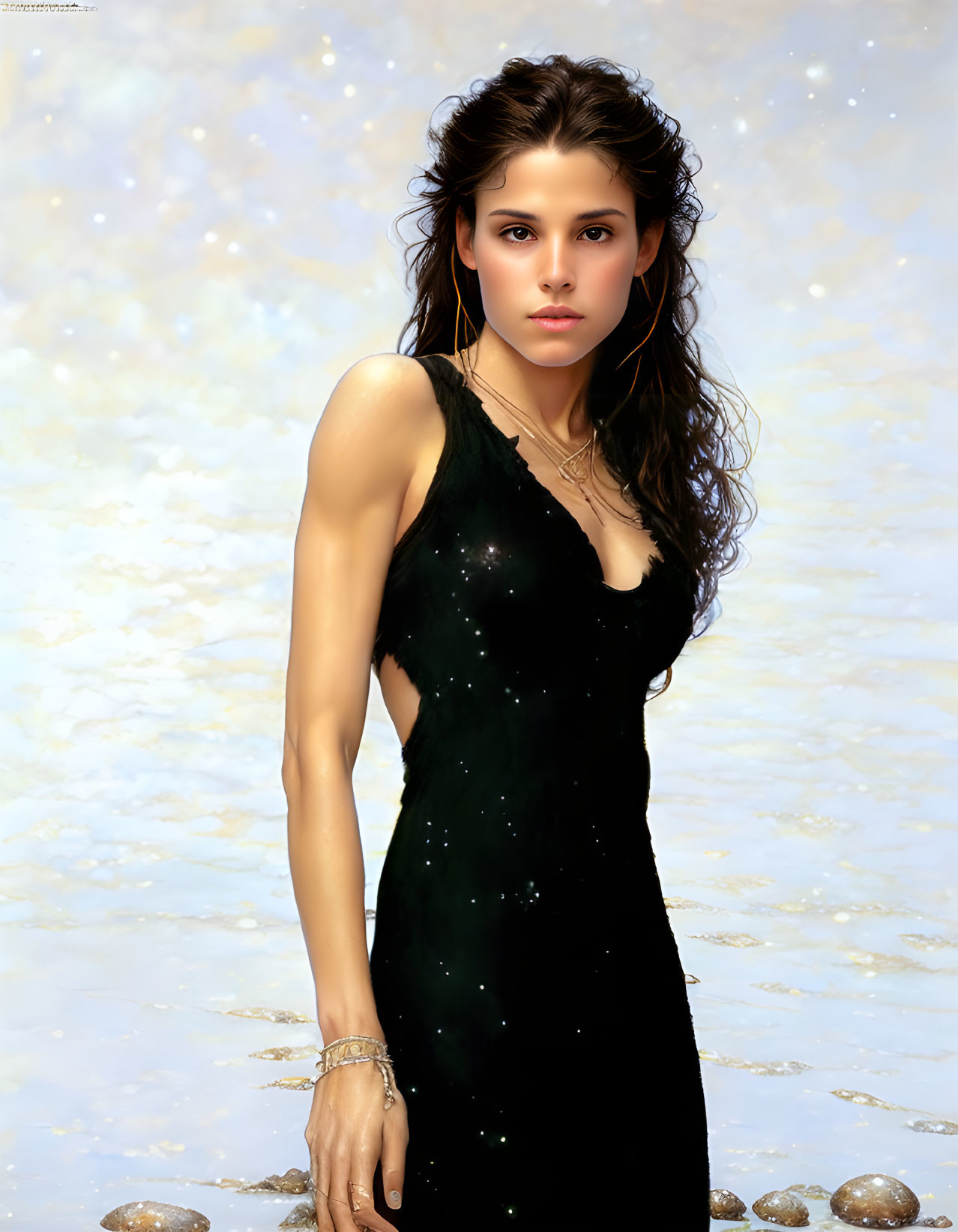 Brown-haired woman in starry dress against cosmic backdrop