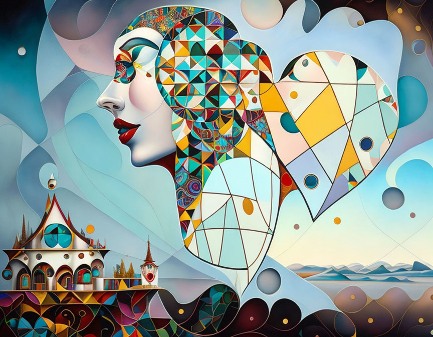Vibrant surreal artwork: female profile, patchwork heart, geometric patterns, orbs, whimsical