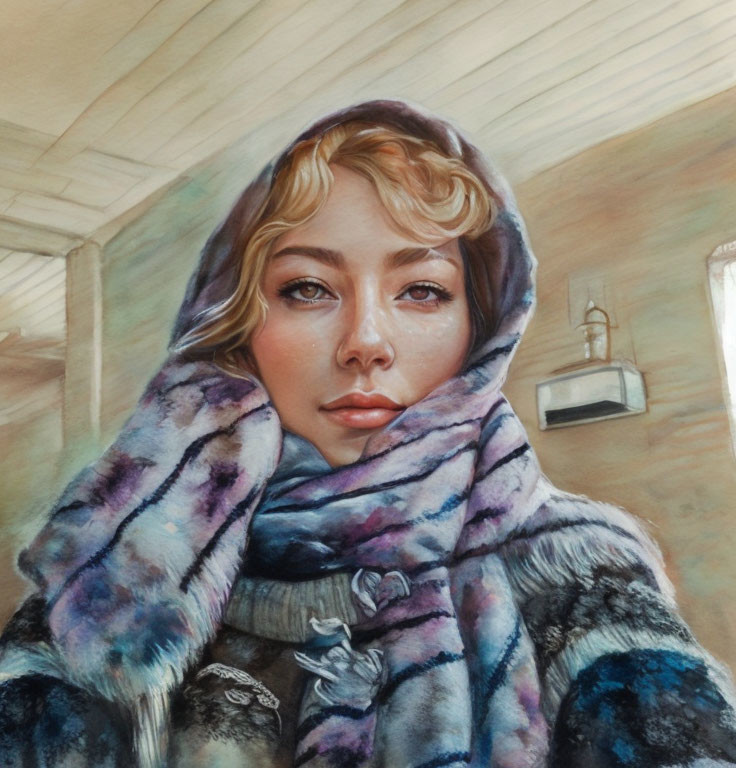 Blond Woman in Colorful Scarf with Soft Gaze in Warm Indoor Setting