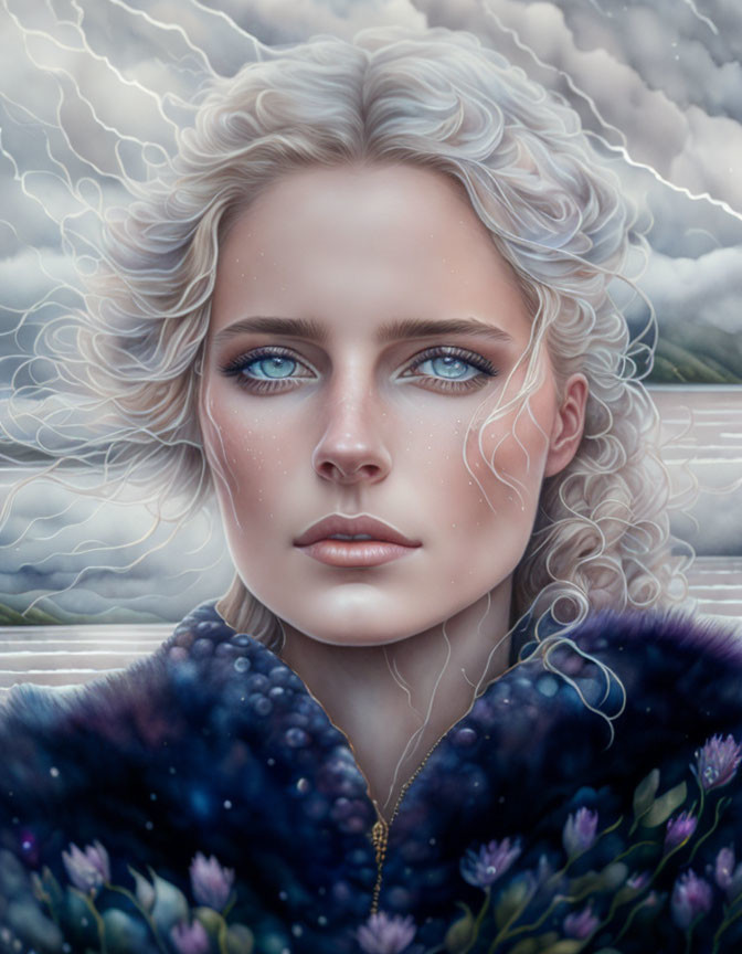 Digital illustration of woman with blue eyes and blonde hair in blue cloak with floral details against stormy sky