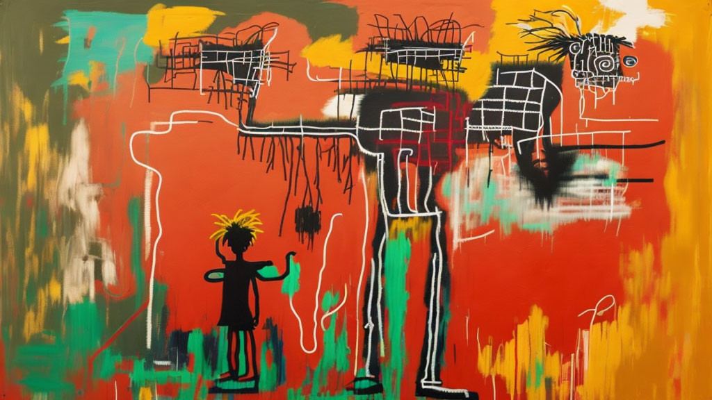 Vibrant abstract painting with graffiti-like figures and chaotic blend of shapes and lines