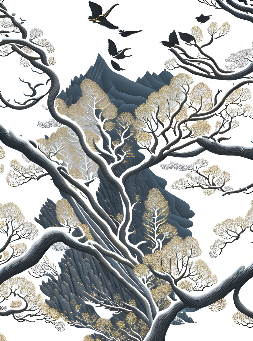 Monochromatic mountain range with stylized trees and birds in blue, white, and gold.