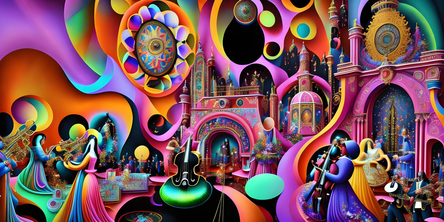 Colorful Abstract Art: Psychedelic Shapes & Figures Playing Instruments