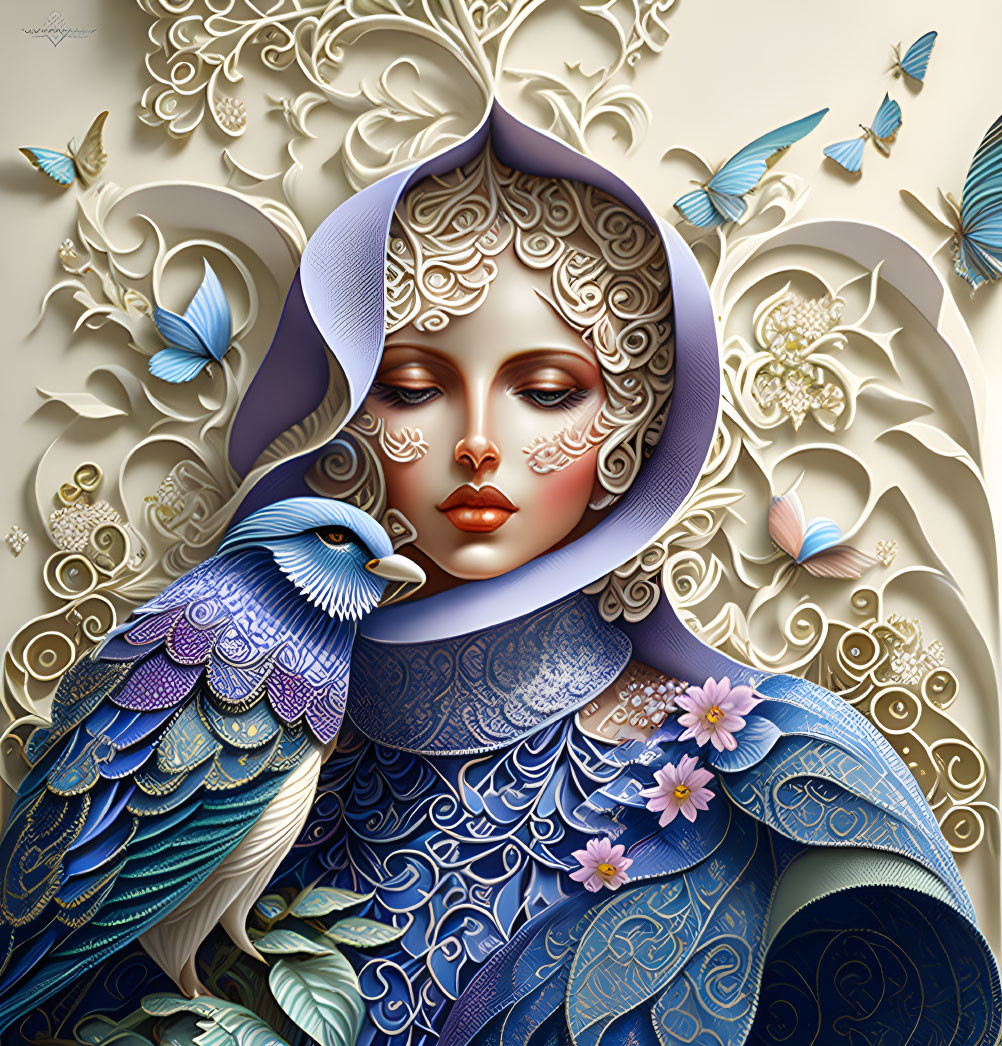 Ornate Woman's Face Artwork with Bird and Butterflies