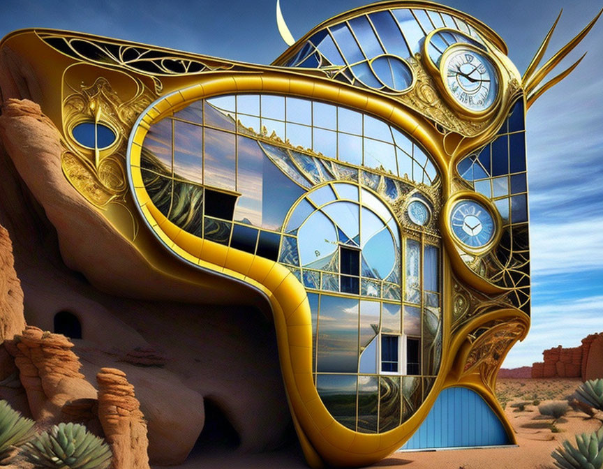 Golden clock-themed building in desert landscape under crescent moon