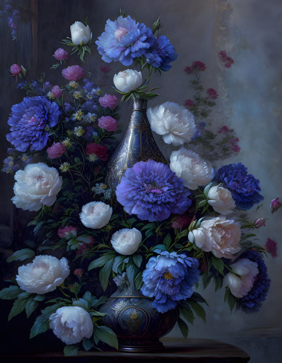 Ornate vase with blue and white peonies in moody background