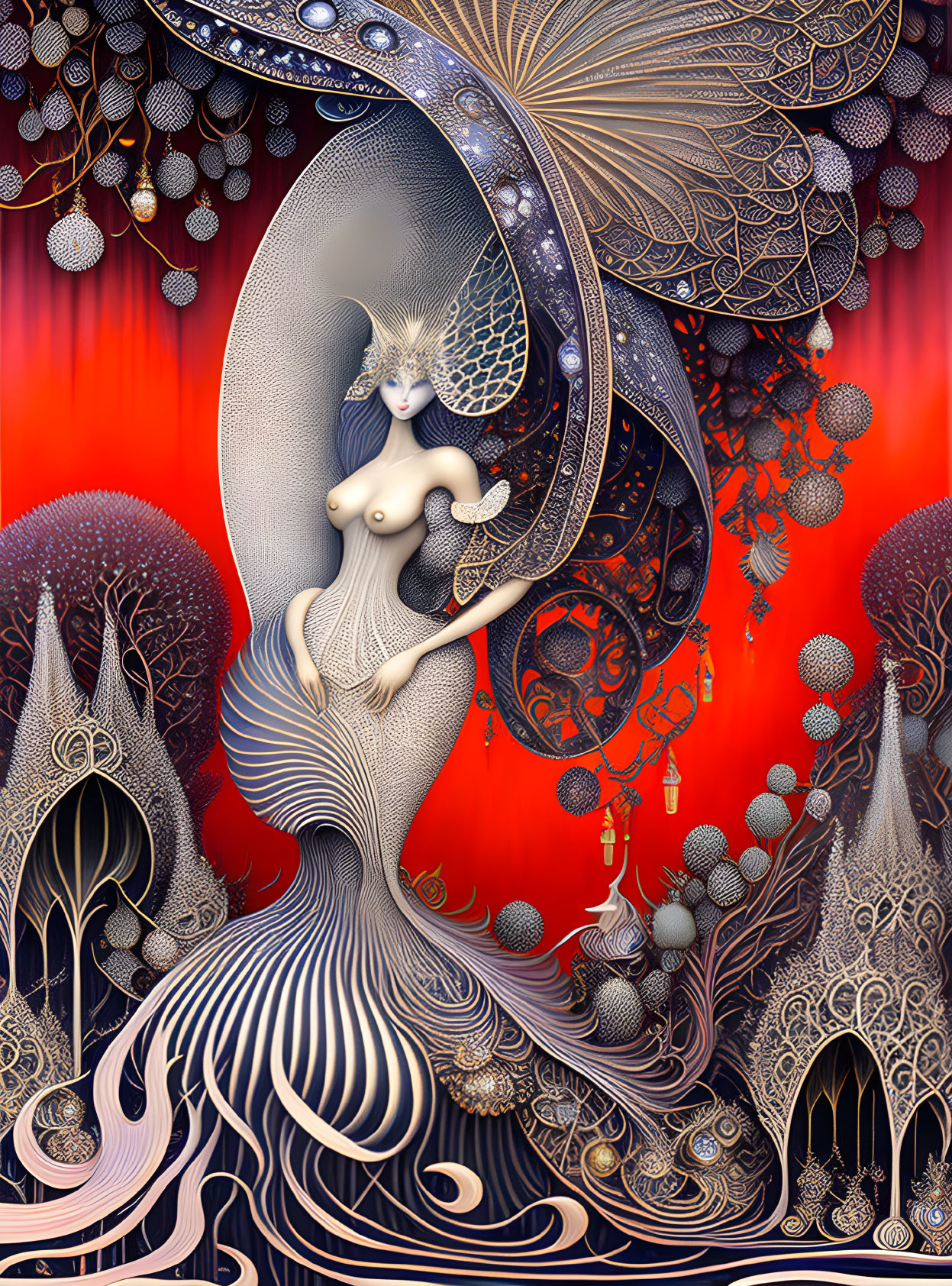 Intricately designed surreal artwork with pale female figure on vibrant red background