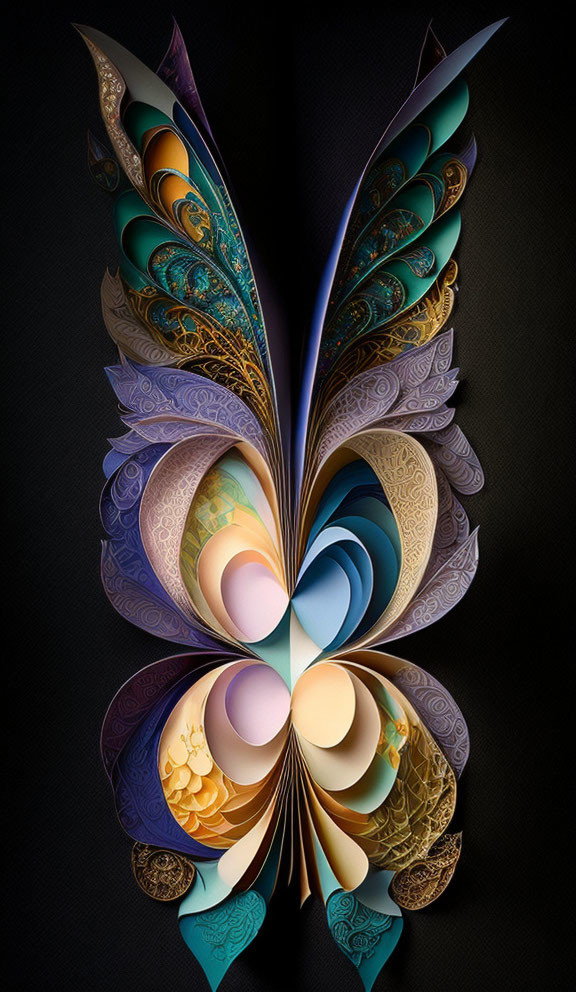 Symmetrical paper art sculpture of a butterfly with intricate patterns and layers on dark background