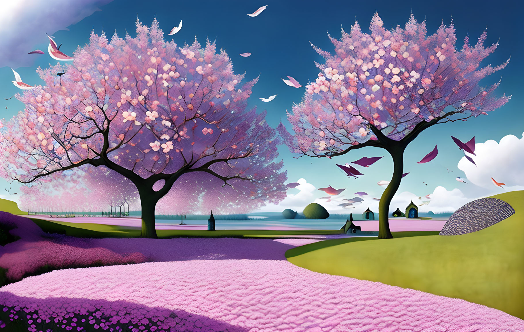 Vibrant landscape with pink cherry blossom trees and purple flower fields