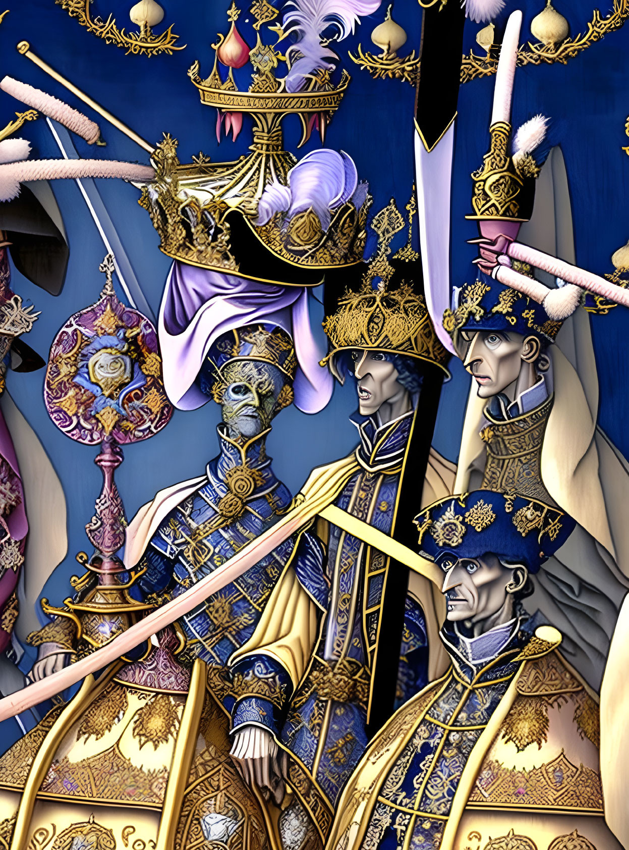 Regal skeletal figures in blue and gold armor on dark background