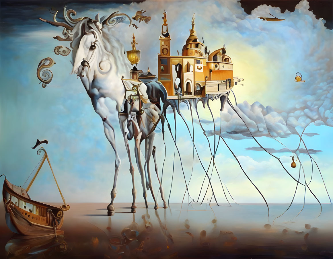 Surreal painting of white horse with castle on its back above clouds