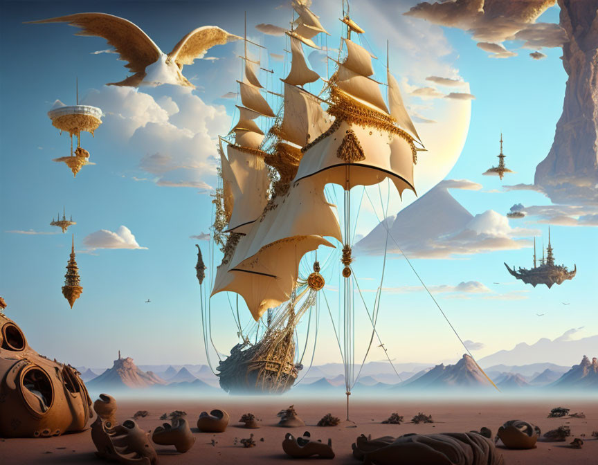Fantasy landscape with ship, desert, islands, birds, and giant moon