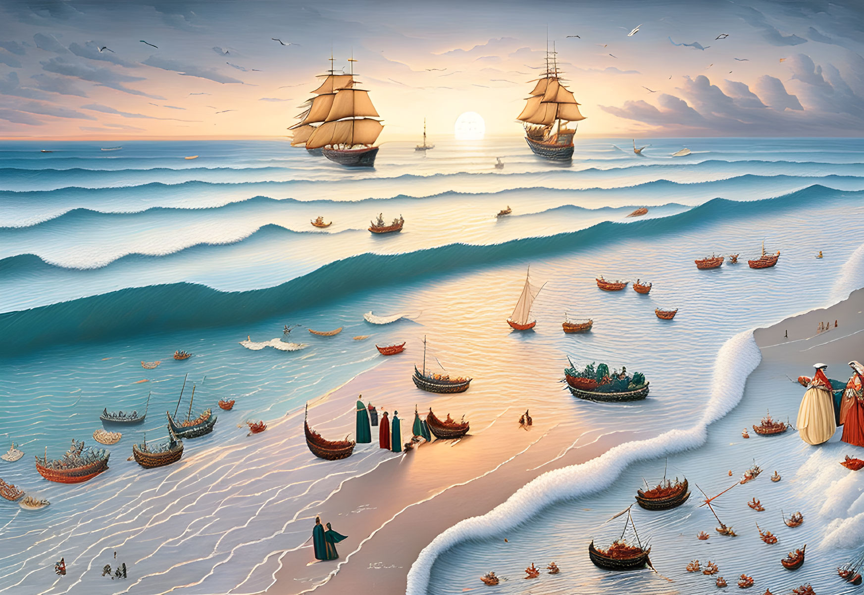 Maritime painting with ships, boats, and sunset seascape