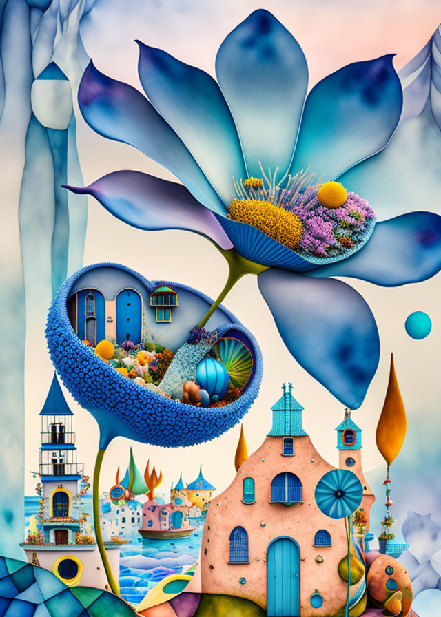  town on the sea in a big flower,
