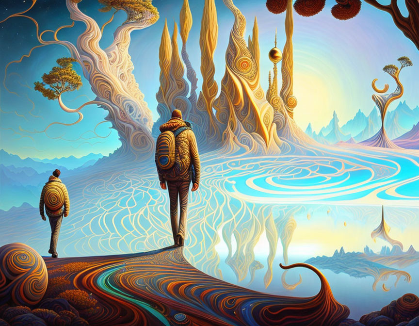 Surreal landscape with two figures and vibrant colors