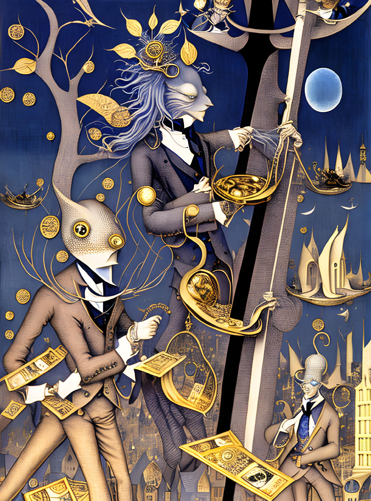 Surreal illustration: geometric animal-headed figures in suits amid trees, coins, and fantastical architecture