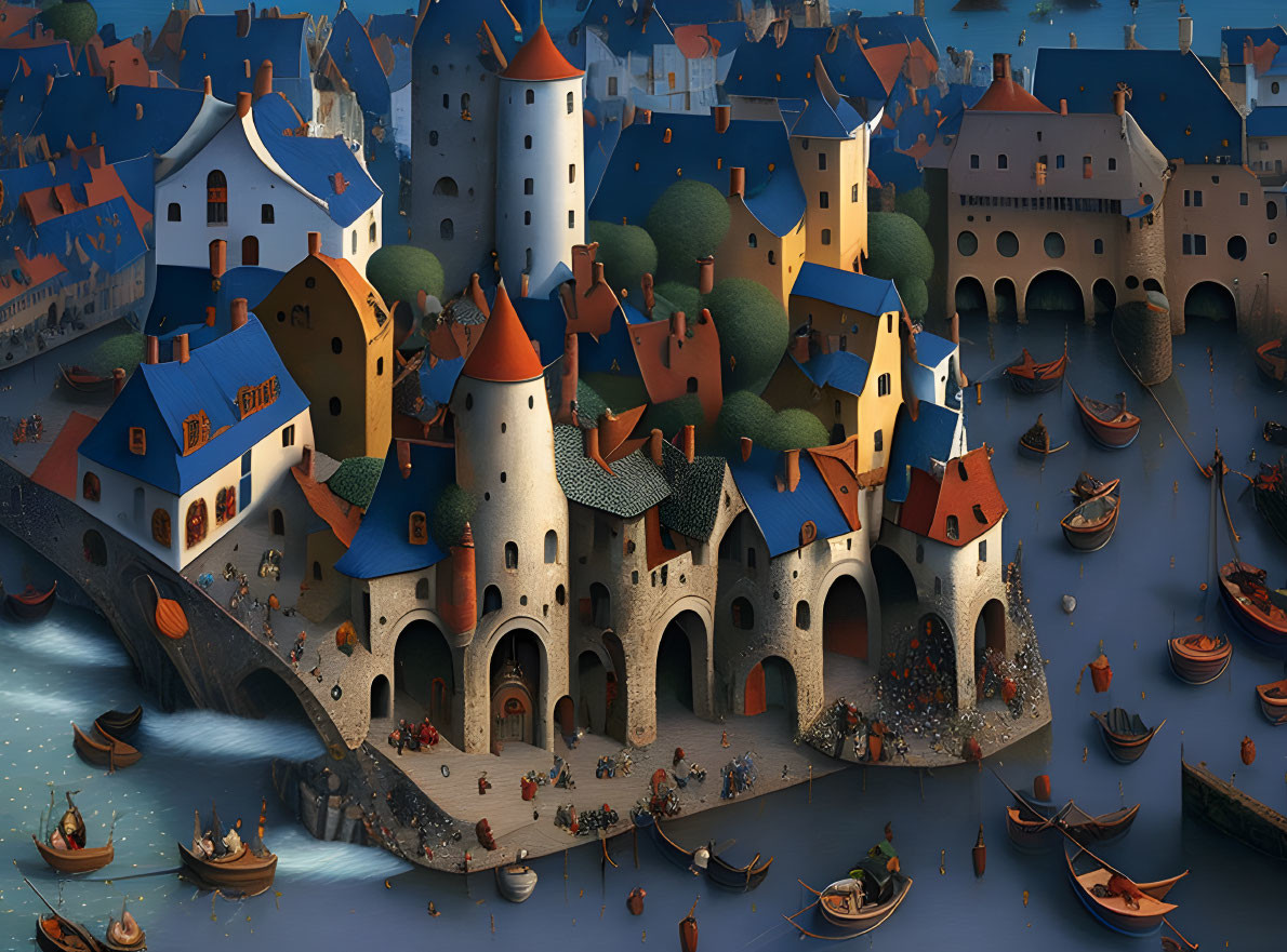 Illustrated medieval town with stone bridge, boats, and tiny figures