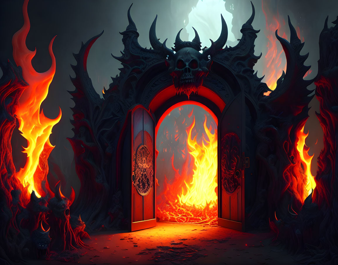 Gothic archway with demon's head, flames, and inferno door.