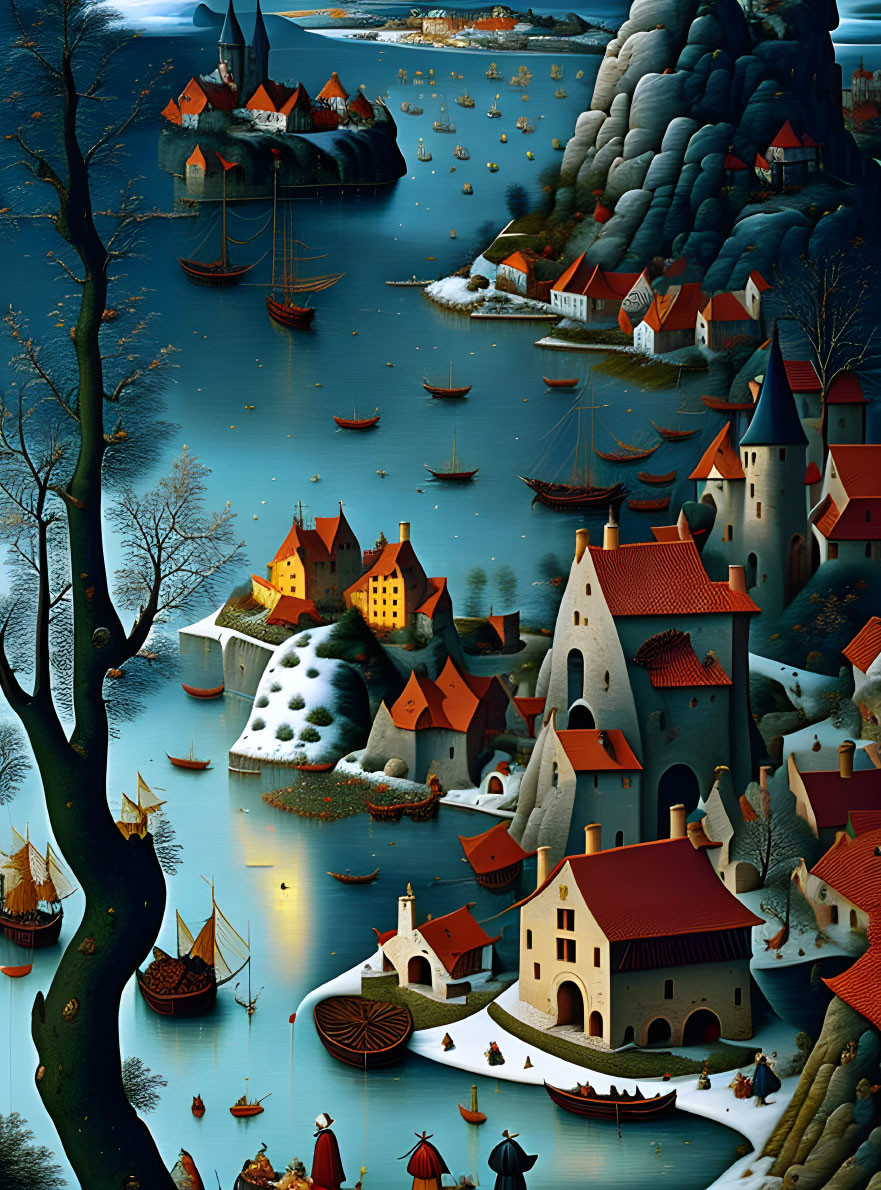 Detailed medieval seaside village painting with ships, cottages, and large tree