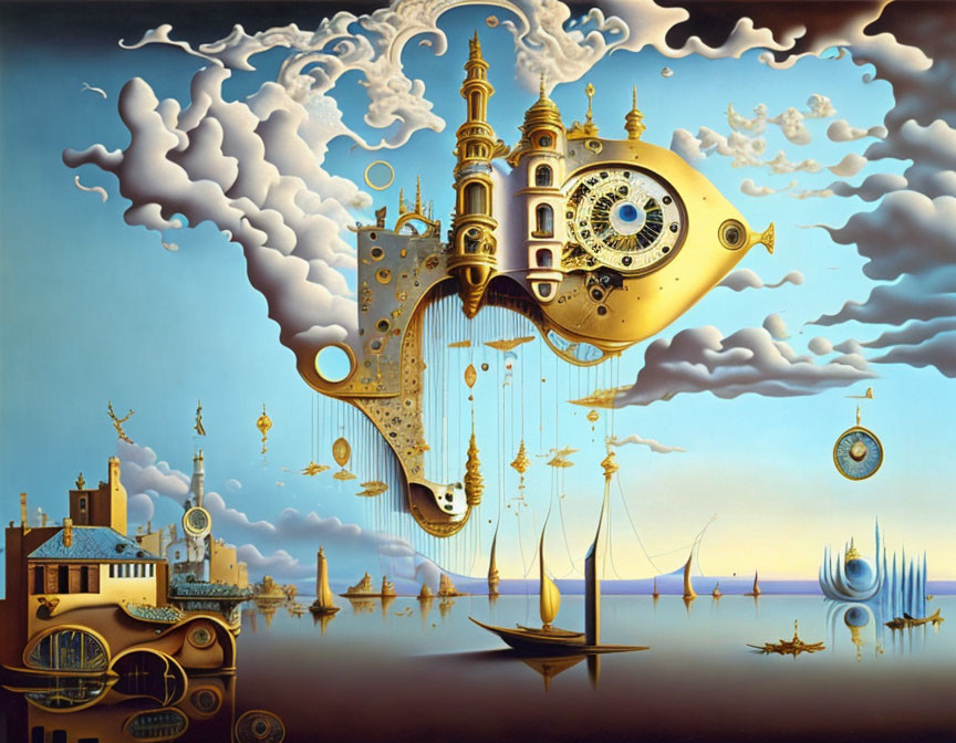 Fantastical clockwork-style floating city with steampunk elements
