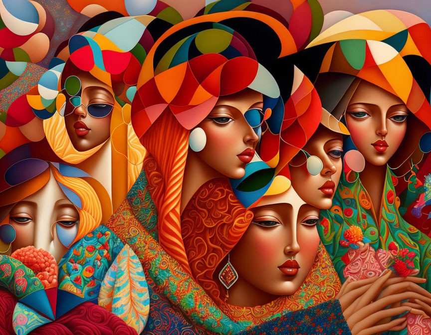 Vibrant painting of women with flowing hair and ornate headwear