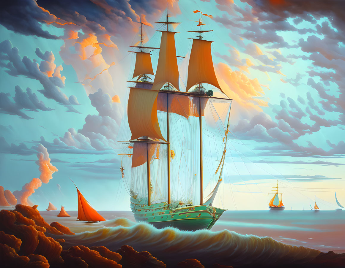 Surreal seascape: majestic sailing ship and golden clouds