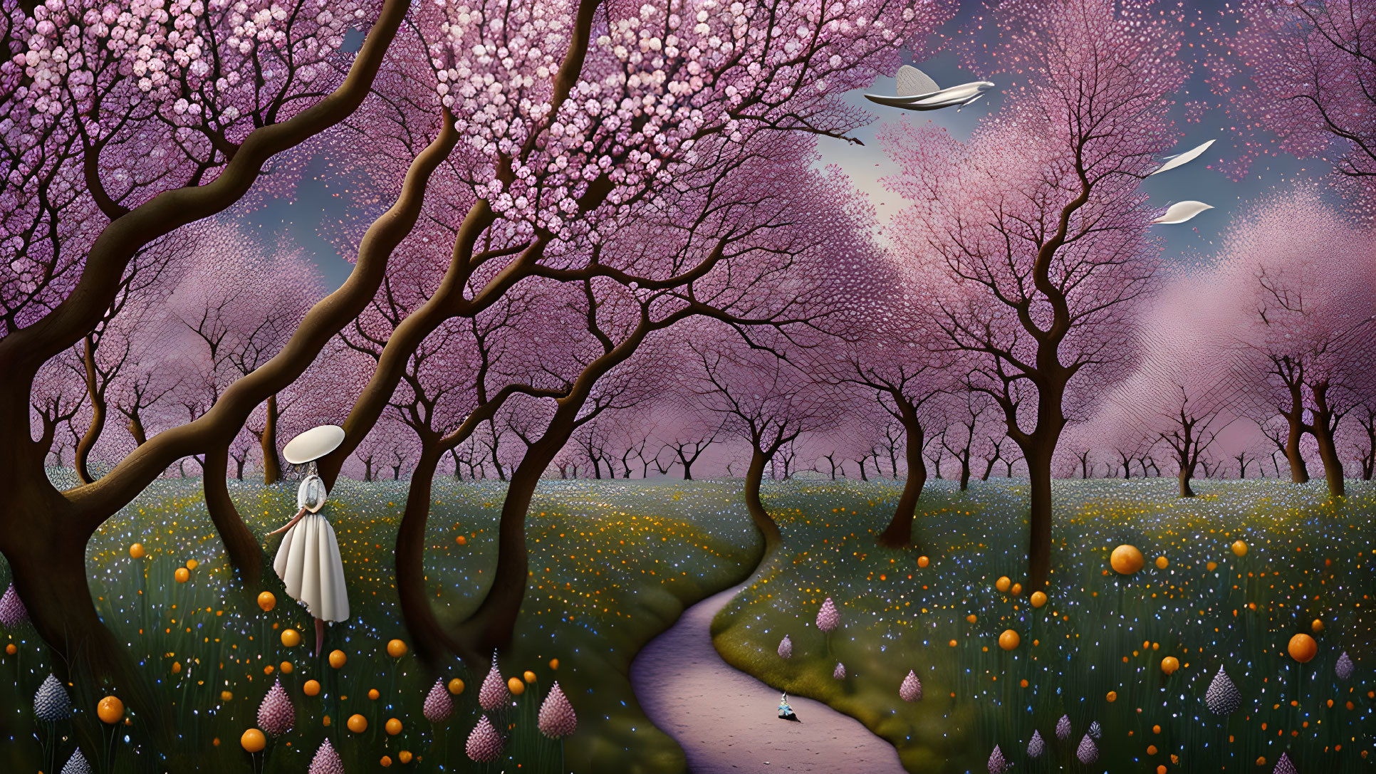 Woman in White Dress and Hat Among Cherry Blossom Trees