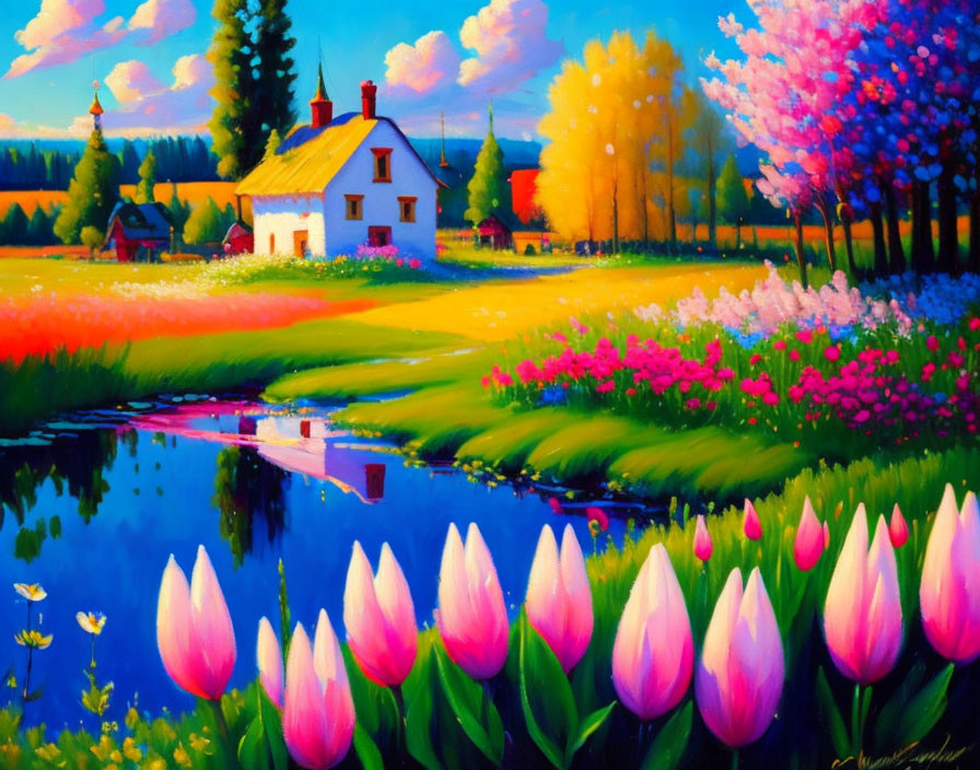 Colorful painting of house by pond with flowers and trees