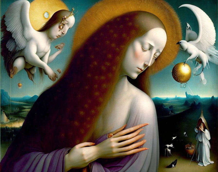 Religious-themed artwork featuring serene woman, angel, and symbolic elements