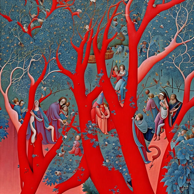 Vivid painting of red trees with blue leaves and medieval figures engaged in activities