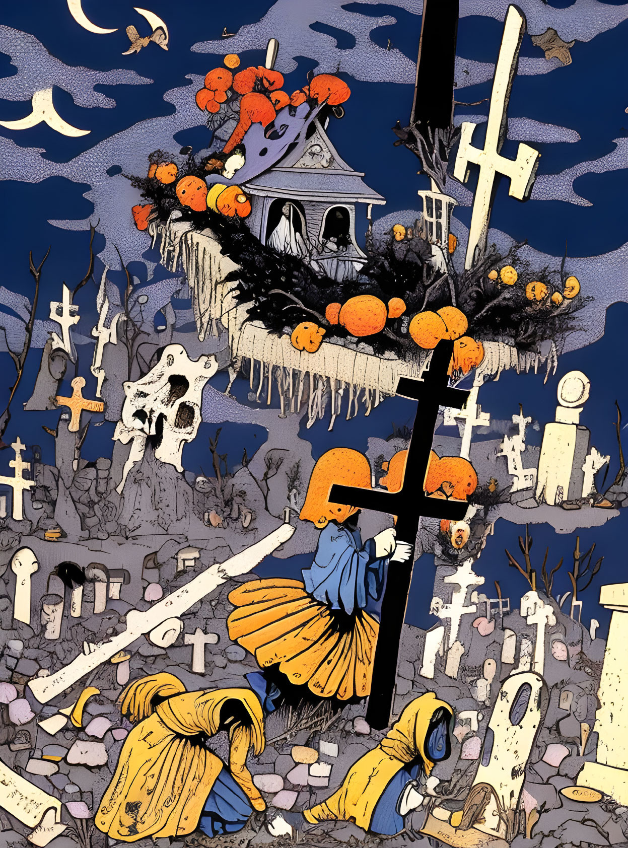 Spooky graveyard illustration with floating pumpkins and broomstick figure