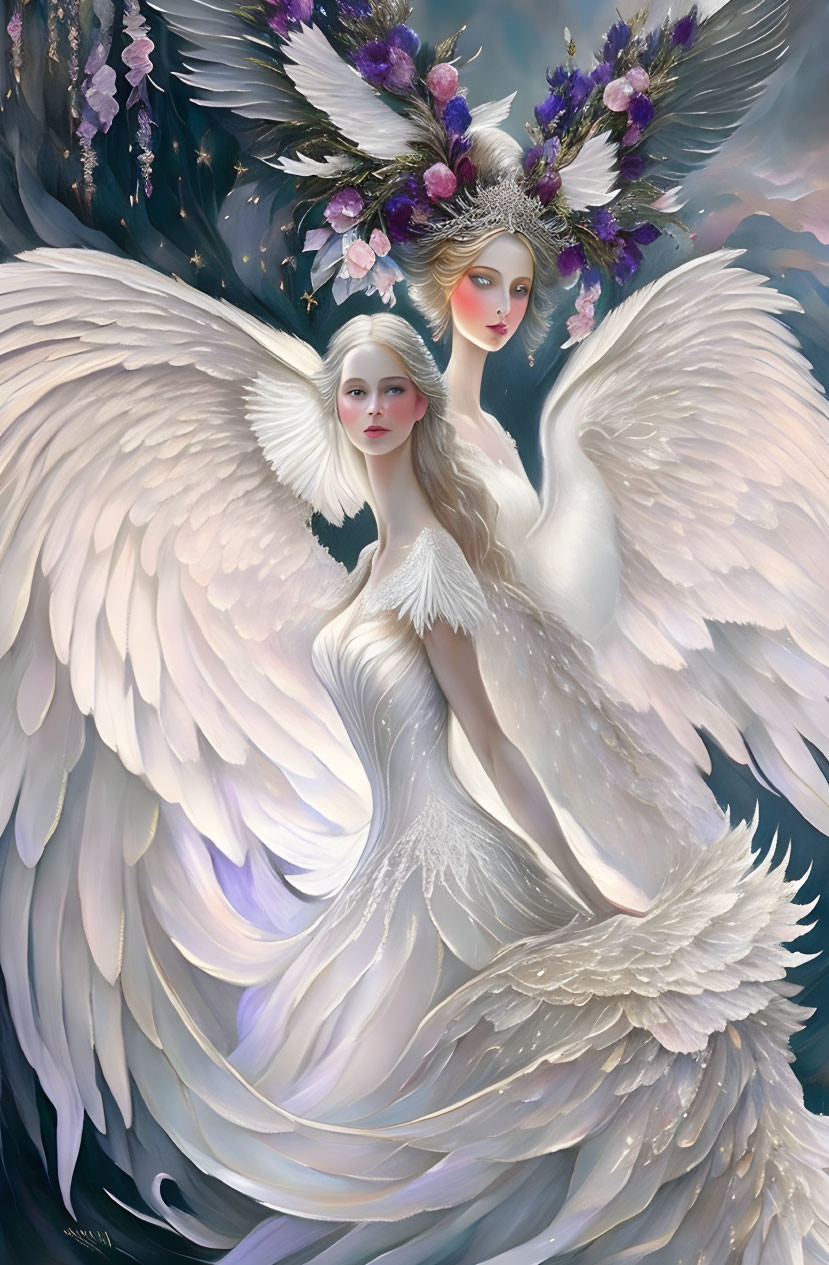 Ethereal beings with white wings and ornate headpieces in serene setting