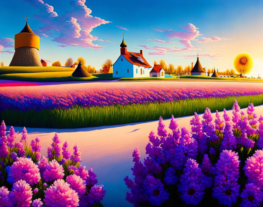Vibrant painting of rural landscape with lavender fields, church, windmill, and whimsical sunset
