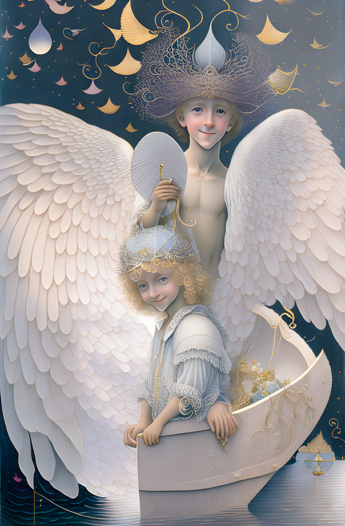 Illustration of two angelic figures with white wings and a golden boat adorned with stars and crescent