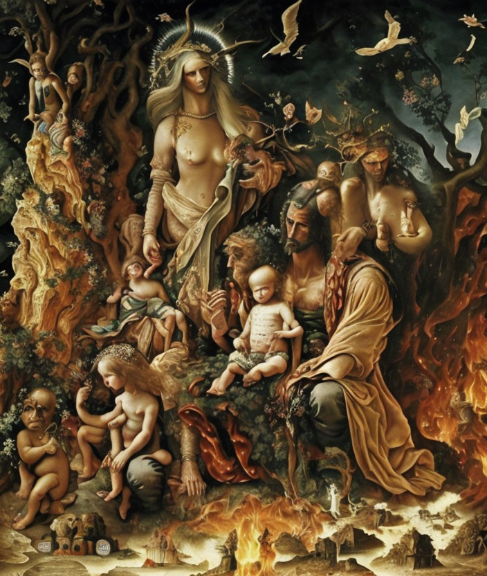 Mythological painting with central woman, infants, elderly man, and fiery landscape