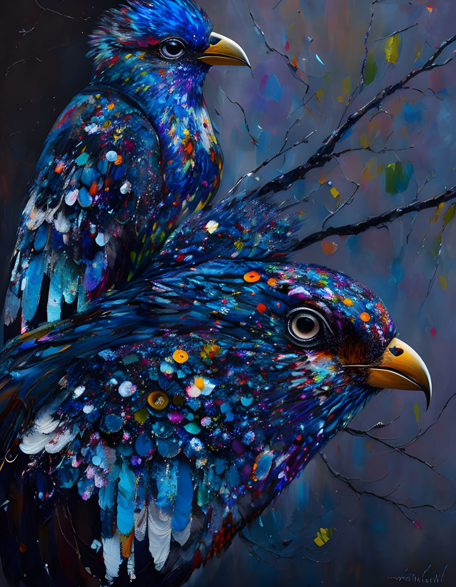 Colorful Blue and Purple Birds on Dark Background with Splatter Effects
