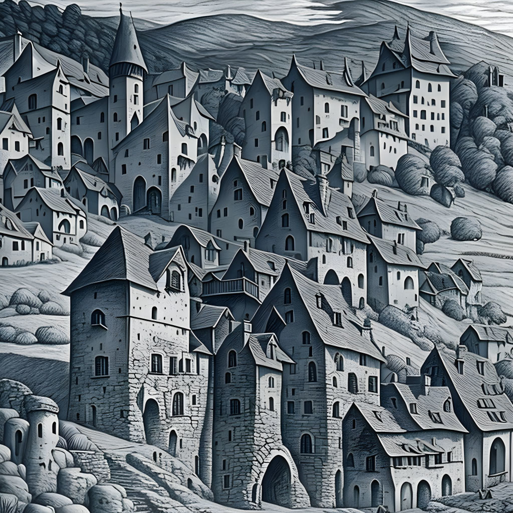 medieval town on a hill near black river, landscap