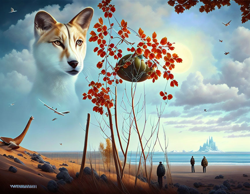 Surreal landscape with large fox face above beach scene