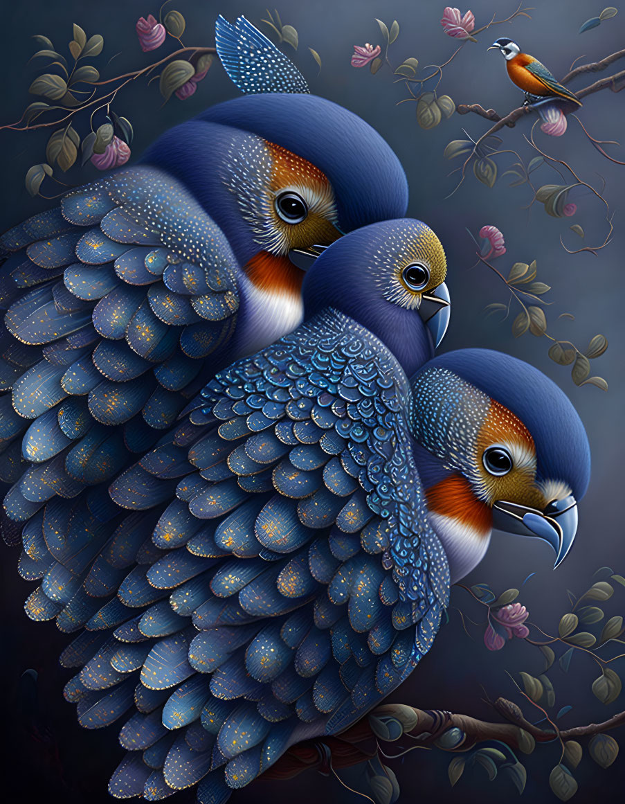 Colorful Birds with Detailed Feather Patterns Perched Together on Floral Background