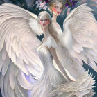 Illustration of two angelic figures with white wings and a golden boat adorned with stars and crescent